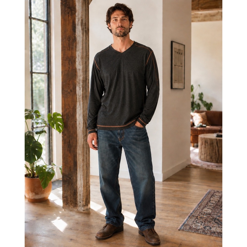 Agave Denim Home Run LS Charcoal V-Neck Long Sleeve Shirt K-1256 Mens L USA